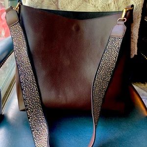 Synthetic leather cross-bag with jeweled strap